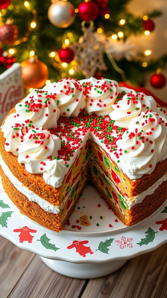 Festive Christmas Poke Cake Recipe A Christmas poke cake topped with whipped cream and sprinkles, served on a festive platter.